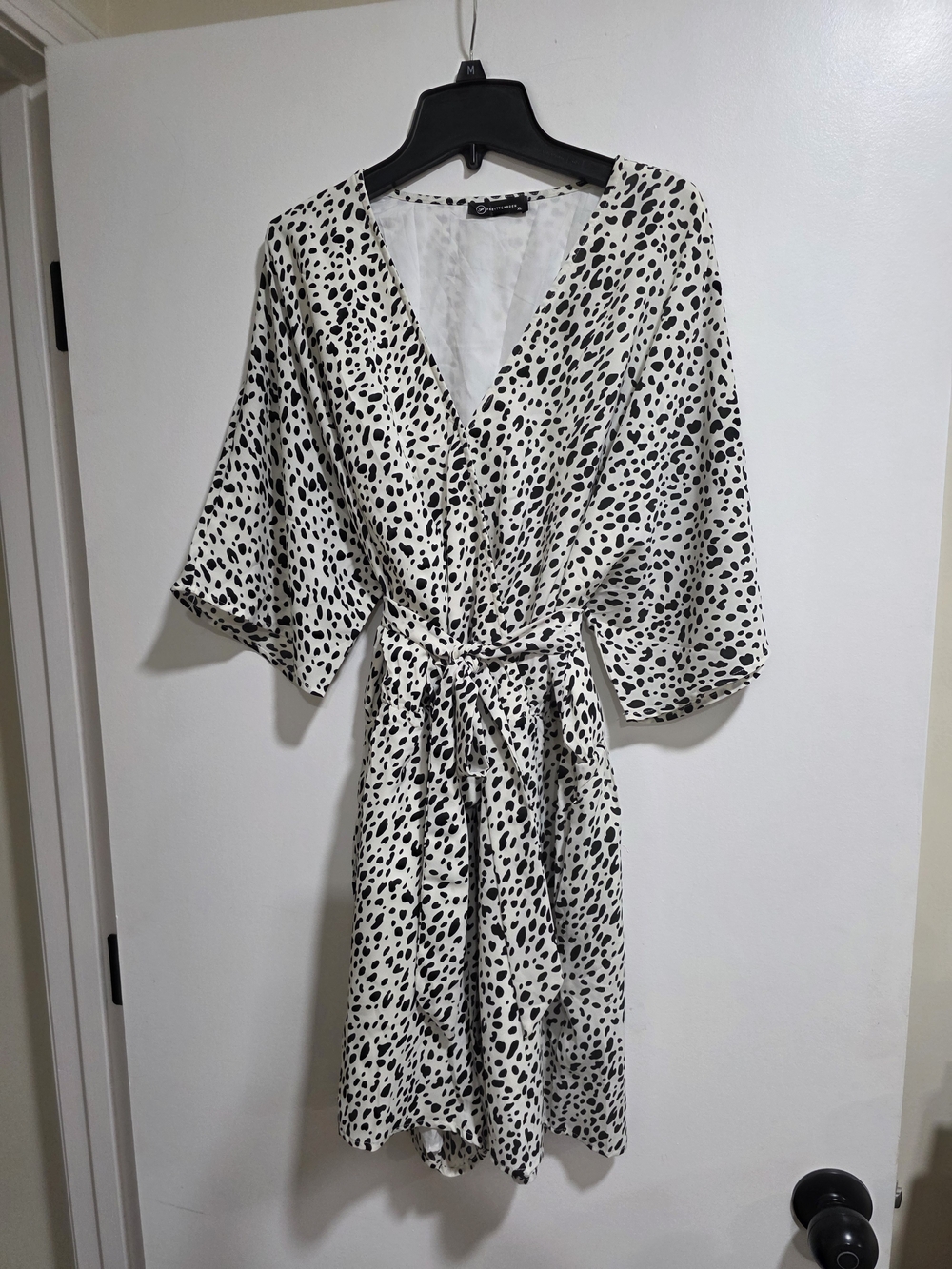 PRETTYGARDEN Leopard Print Wrap Romper Black Ivory Belted XL